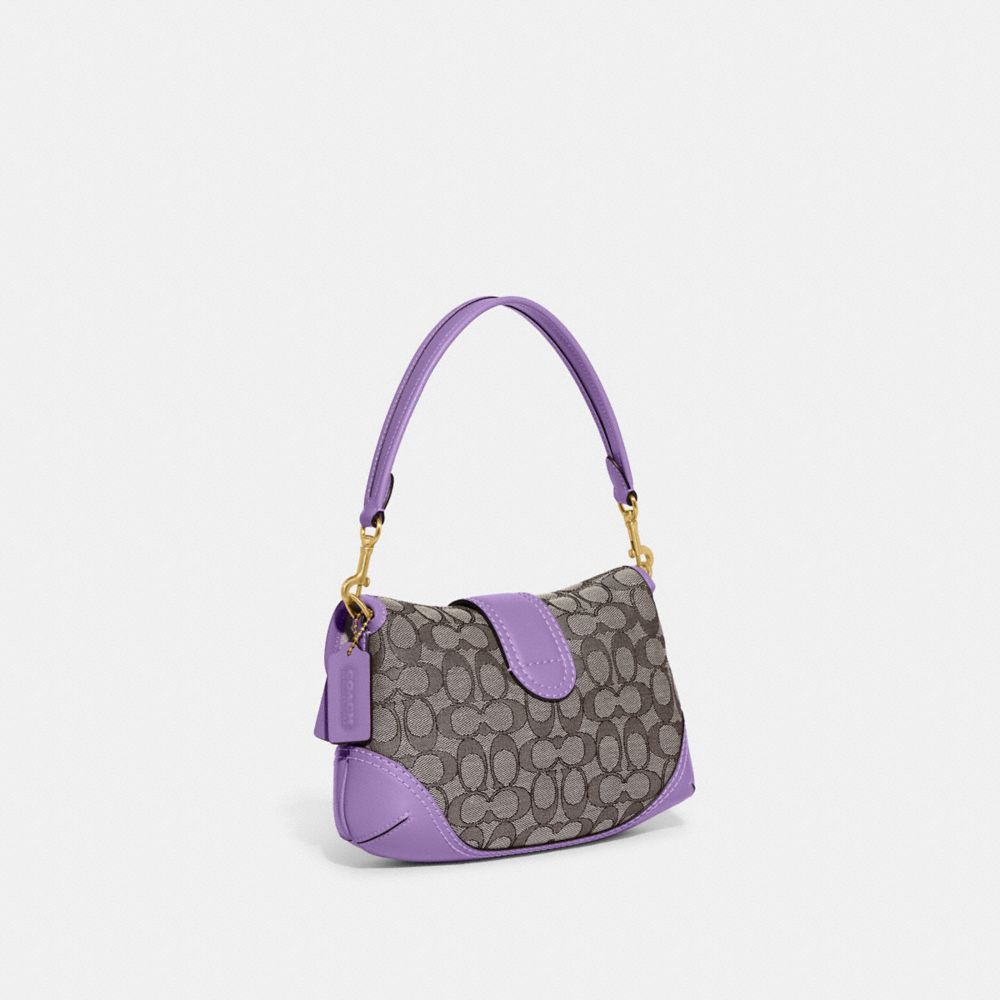 COACH®,Soho Flap Bag In Signature Jacquard,Recycled Polyester,Leather,Canvas,Cotton,Shoulder Bag,Piping,Color Block,Gold M...,,Angle View
