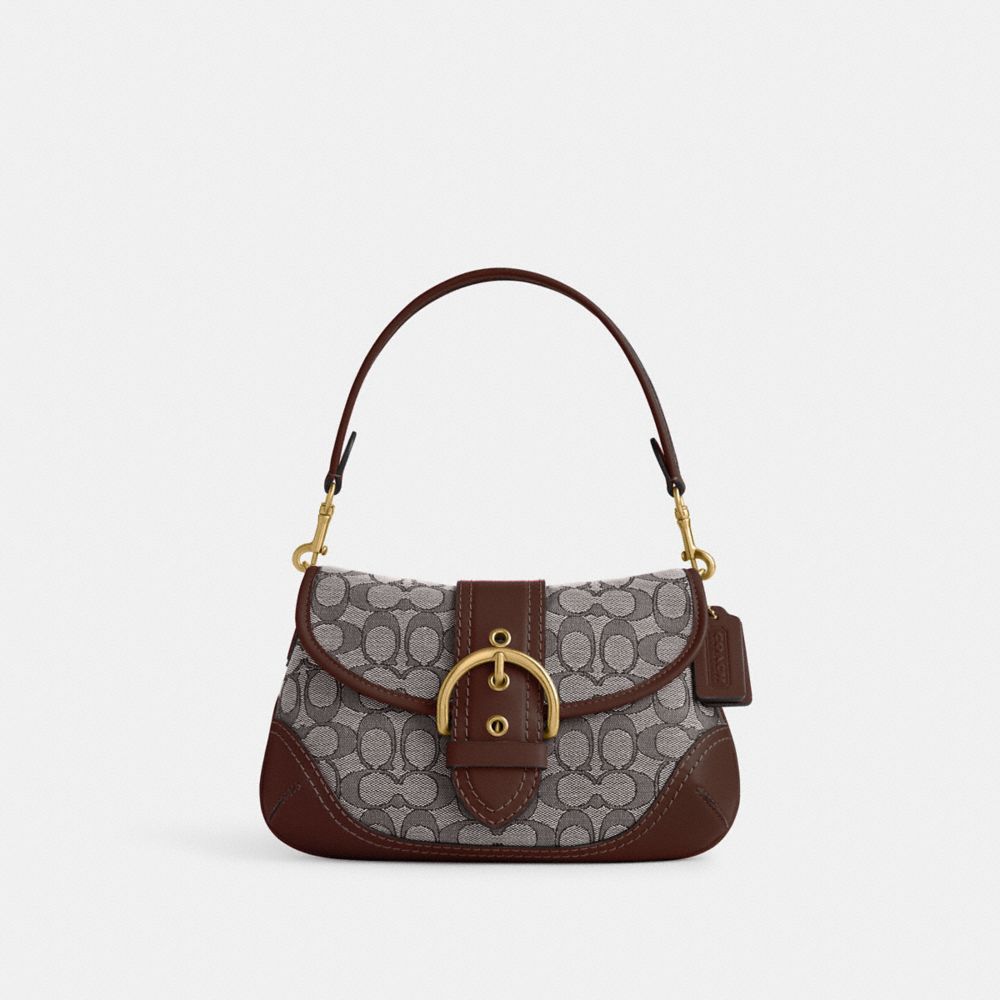 COACH®,Soho Flap Bag In Signature Jacquard,Recycled Polyester,Leather,Canvas,Cotton,Shoulder Bag,Piping,Color Block,Gold M...,Multi Color,Front View