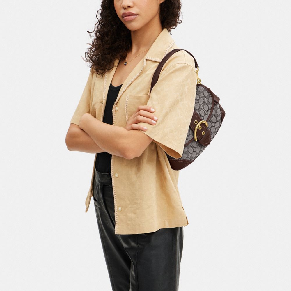 COACH®,Soho Flap Bag In Signature Jacquard,Recycled Polyester,Leather,Canvas,Cotton,Shoulder Bag,Piping,Color Block,Gold M...,Multi Color,Detail View