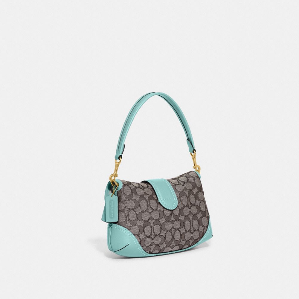 COACH®,Soho Flap Bag In Signature Jacquard,Recycled Polyester,Leather,Canvas,Cotton,Shoulder Bag,Piping,Color Block,Gold M...,,Angle View