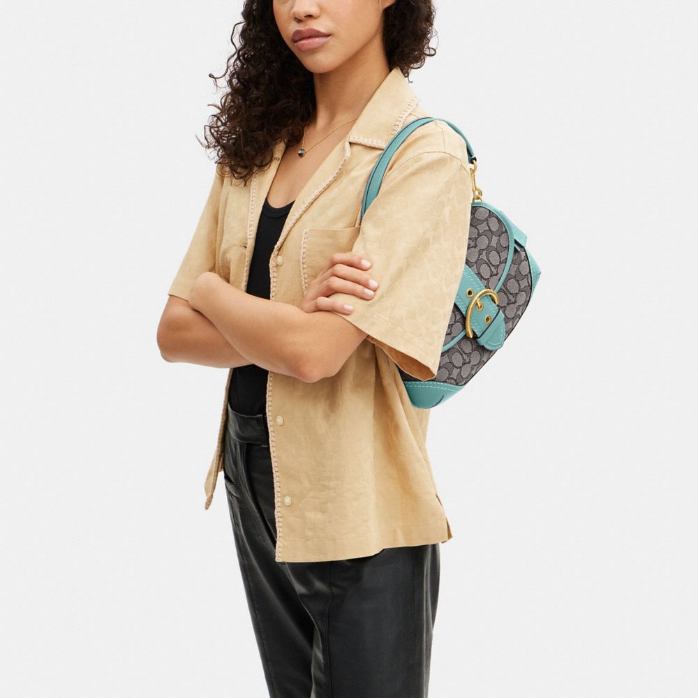 COACH®,Soho Flap Bag In Signature Jacquard,Recycled Polyester,Leather,Canvas,Cotton,Shoulder Bag,Piping,Color Block,Gold M...,,Detail View