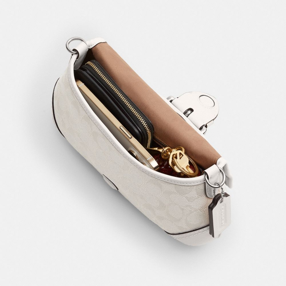 COACH®,Soho Flap Bag In Signature Jacquard,Recycled Polyester,Leather,Canvas,Cotton,Shoulder Bag,Logo,Silver Metal,Day Party,White,Inside View,Top View