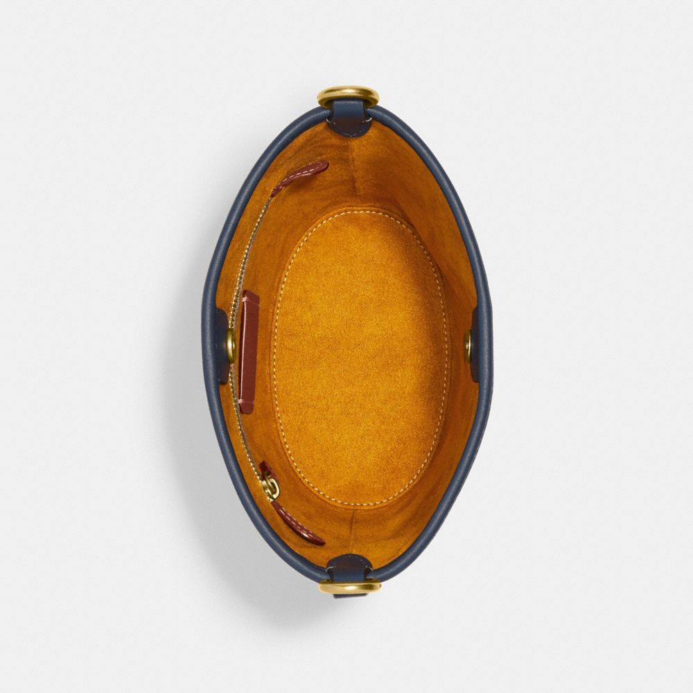 COACH®,DAKOTA BUCKET BAG 16,Glovetan Leather,Medium,Brass/Denim,Inside View,Top View