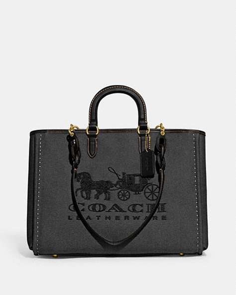 COACH®,REESE TOTE,canvas,X-Large,Brass/Black,Front View