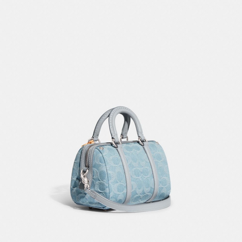 COACH®,RUBY SATCHEL 18 IN SIGNATURE DENIM,Denim,Small,Silver/Pale Blue,Angle View