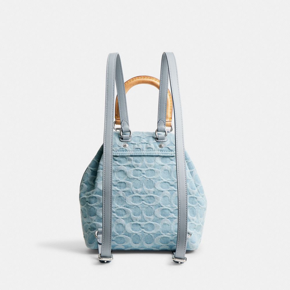 COACH®,Riya Backpack 21 In Signature Denim,Leather,Denim,Backpack,No Embellishment,Adjustable,Day Party,Blue,Back View