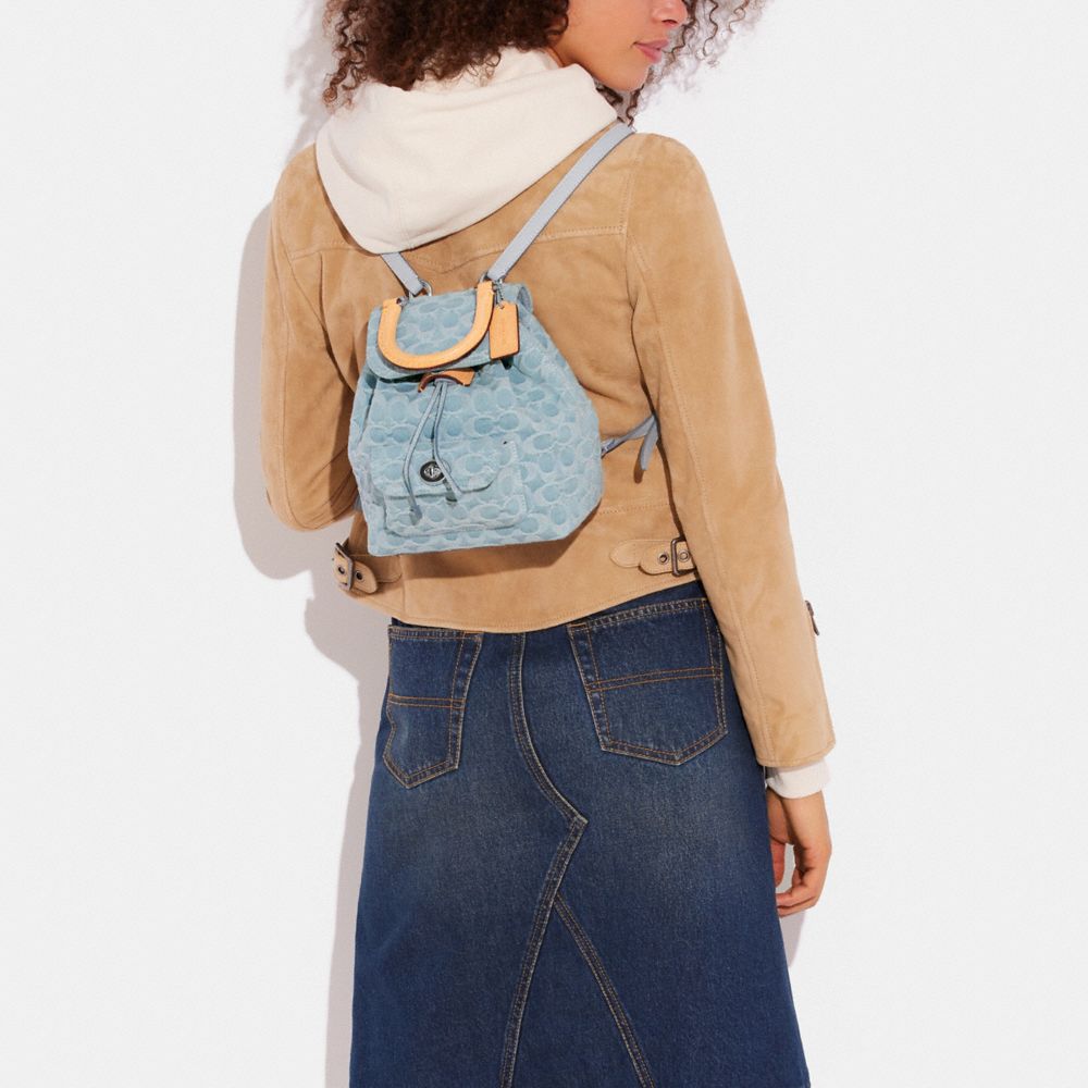 COACH®,Riya Backpack 21 In Signature Denim,Leather,Denim,Backpack,No Embellishment,Adjustable,Day Party,Blue,Detail View