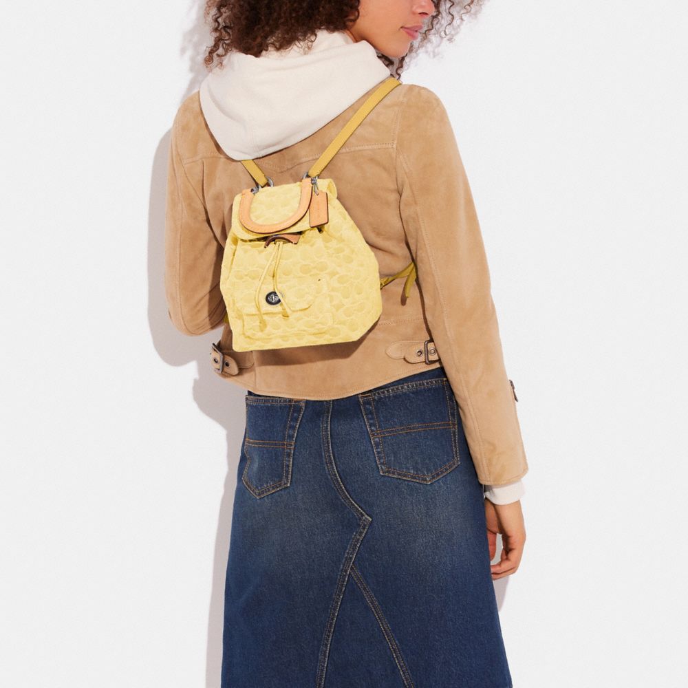 COACH®,Riya Backpack 21 In Signature Denim,Leather,Denim,Backpack,No Embellishment,Adjustable,Day Party,Beige,Detail View