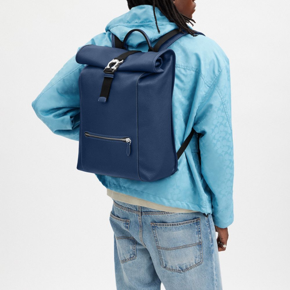 COACH®,Beck Roll Top Backpack,Leather,Backpack,Metal,Logo,Chest Waist Strap,Breathable,Casual,Navy,Detail View