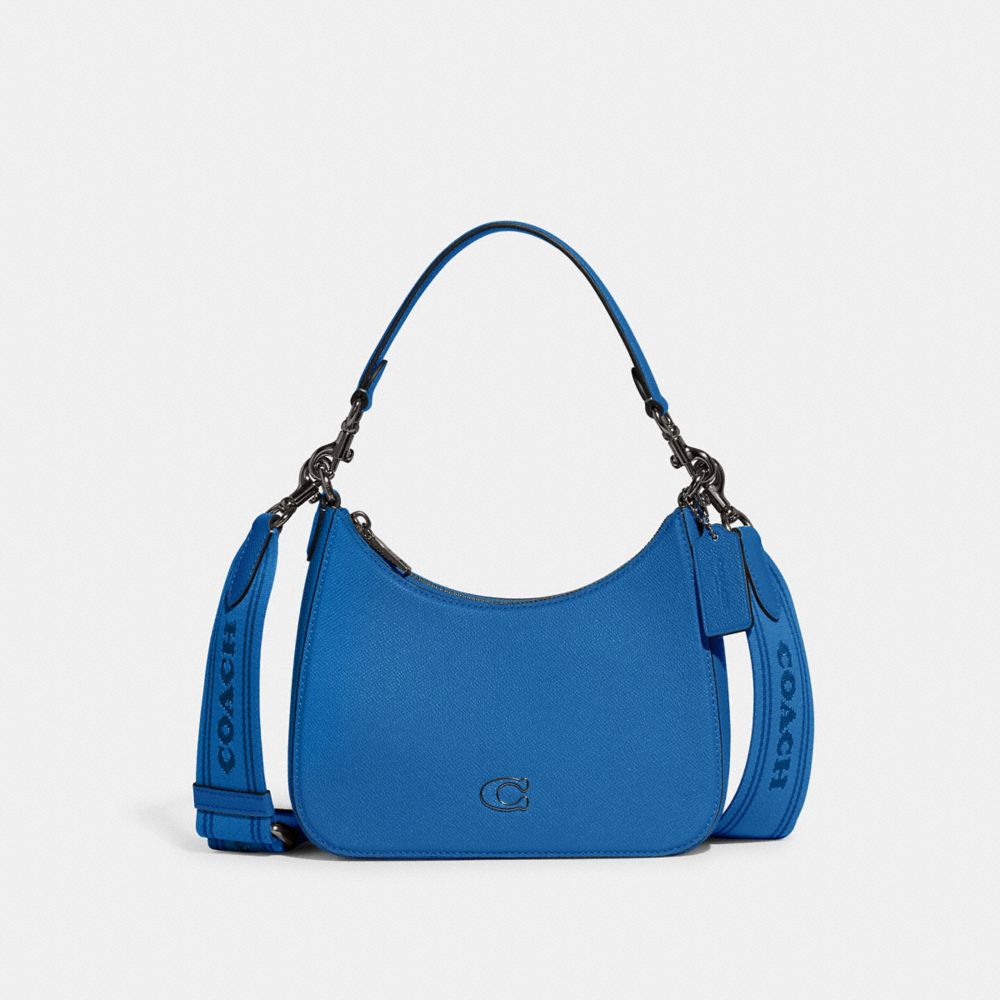 COACH®,HOBO CROSSBODY BAG WITH SIGNATURE CANVAS,Crossgrain Leather,Medium,Blueberry,Front View
