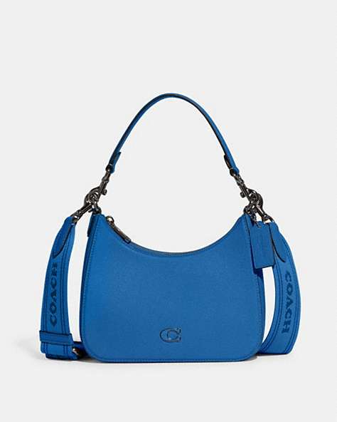 COACH®,HOBO CROSSBODY BAG WITH SIGNATURE CANVAS,Crossgrain Leather,Medium,Blueberry,Front View