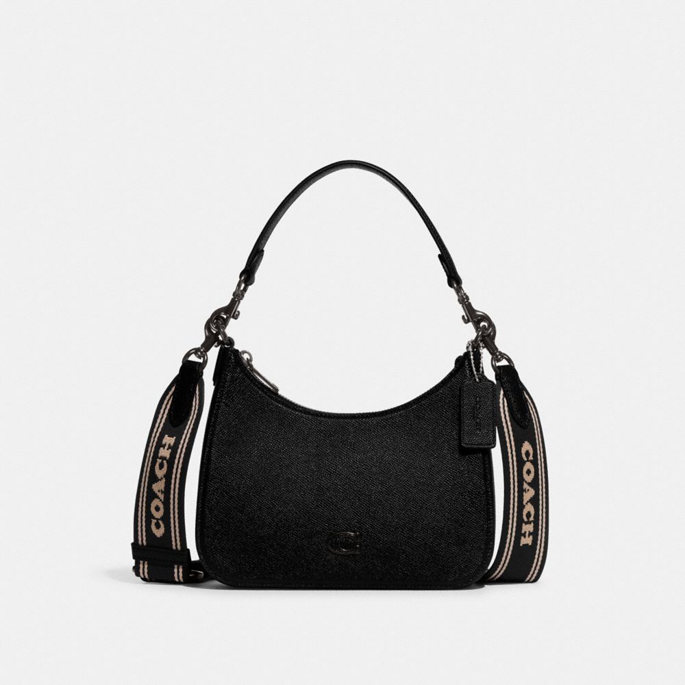 COACH®,HOBO CROSSBODY BAG WITH SIGNATURE CANVAS,Crossgrain Leather,Medium,Black,Front View
