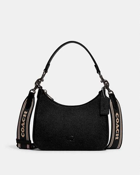 COACH®,HOBO CROSSBODY WITH SIGNATURE CANVAS,Crossgrain Leather,Black,Front View