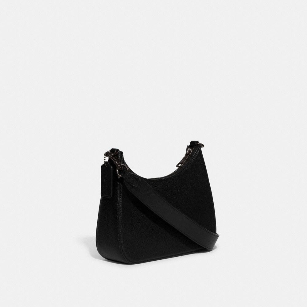 COACH®,HOBO CROSSBODY BAG WITH SIGNATURE CANVAS,Crossgrain Leather,Medium,Black,Angle View