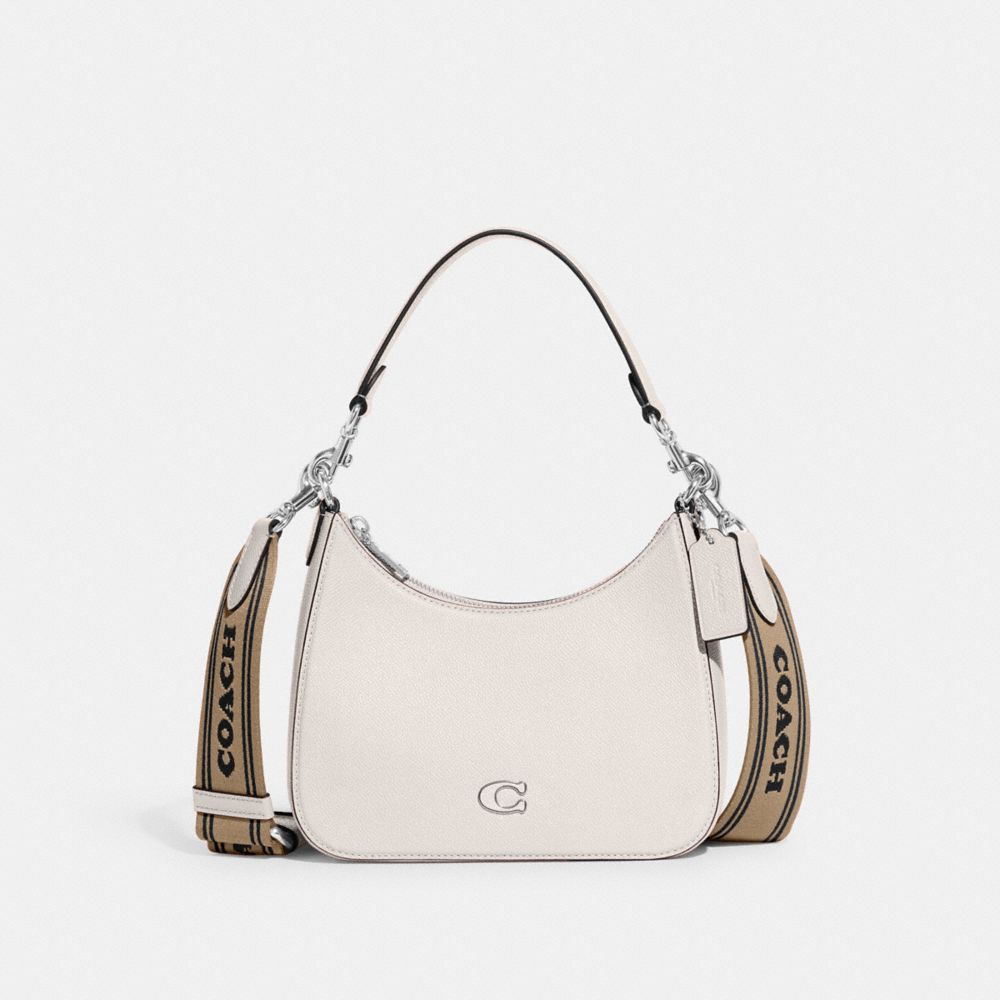COACH®,HOBO CROSSBODY BAG WITH SIGNATURE CANVAS,Crossgrain Leather,Medium,Chalk,Front View