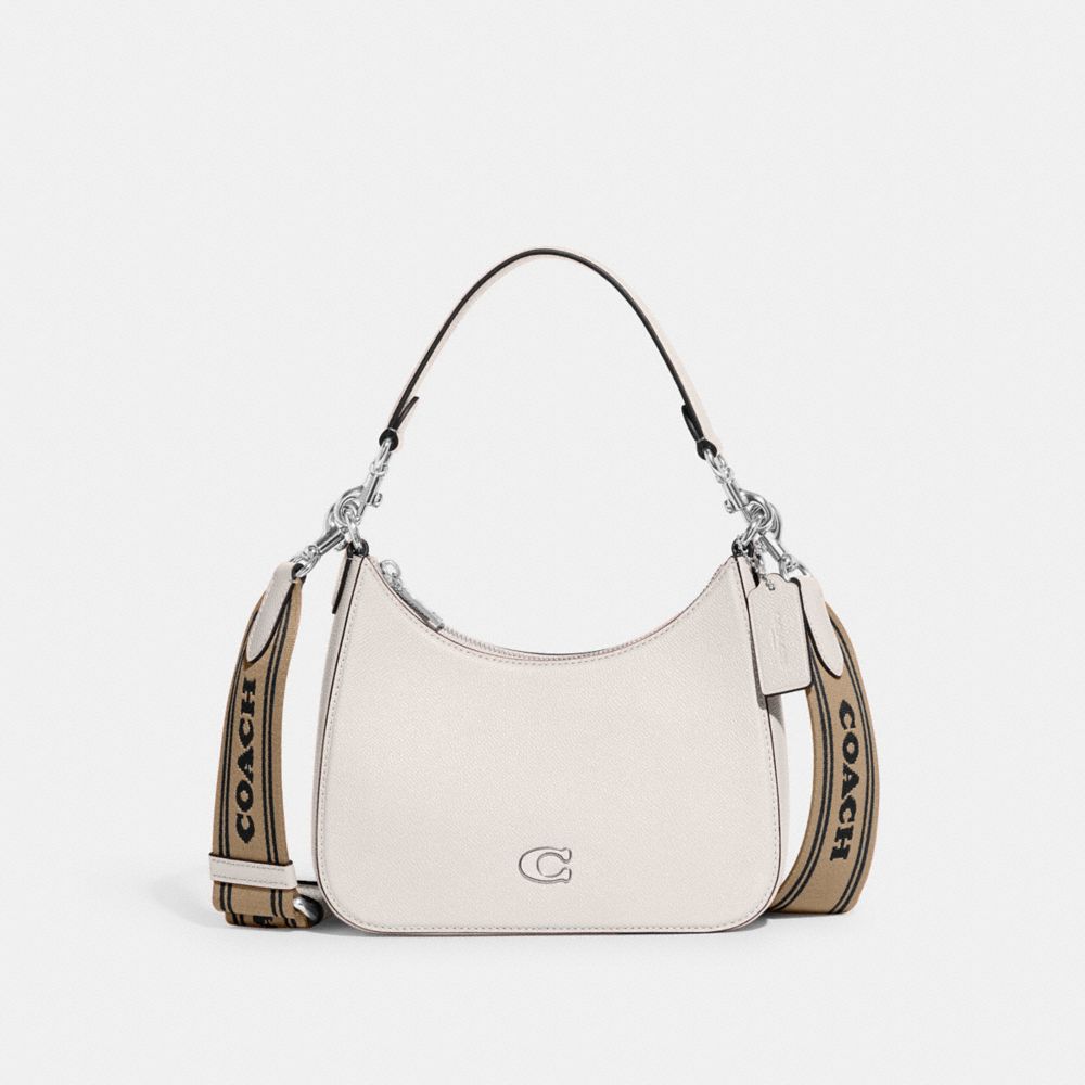 COACH®,Hobo Crossbody Bag With Signature Canvas,Canvas,Leather,Crossbody,Stripe,Scratch Resistant,Casual,White,Front View