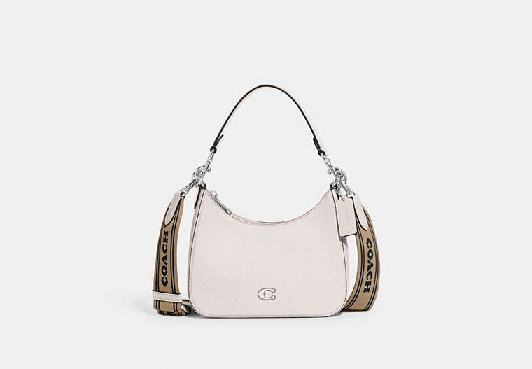 COACH®,HOBO CROSSBODY WITH SIGNATURE CANVAS,Crossgrain Leather,Chalk,Front View image number 0