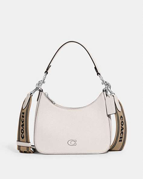 COACH®,HOBO CROSSBODY WITH SIGNATURE CANVAS,Crossgrain Leather,Medium,Chalk,Front View