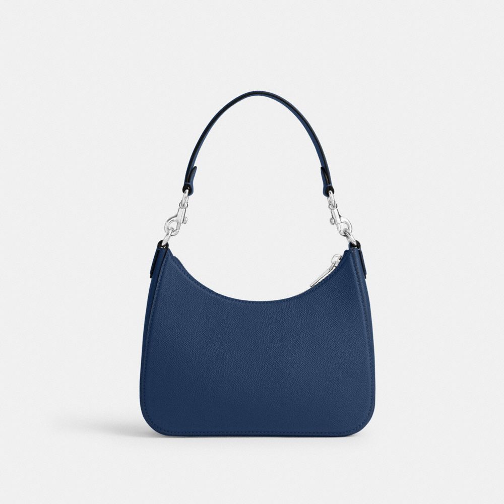 COACH®,SAC PORTÉ-CROISÉ HOBO EN EN TOILE SIGNATURE,Cuir Cross-grain,Bleu Profond,Back View