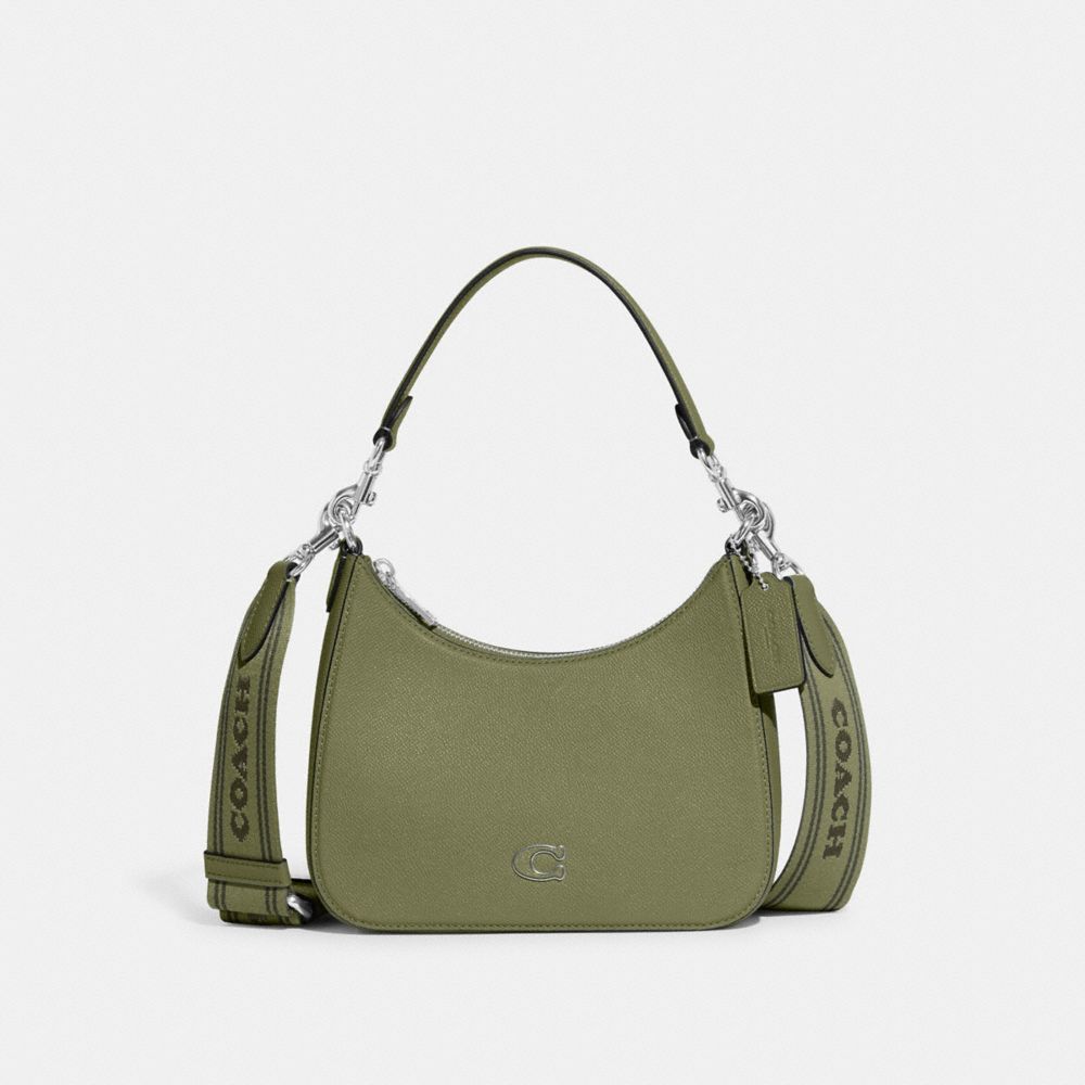 COACH®,HOBO CROSSBODY BAG WITH SIGNATURE CANVAS,Crossgrain Leather,Medium,Moss,Front View