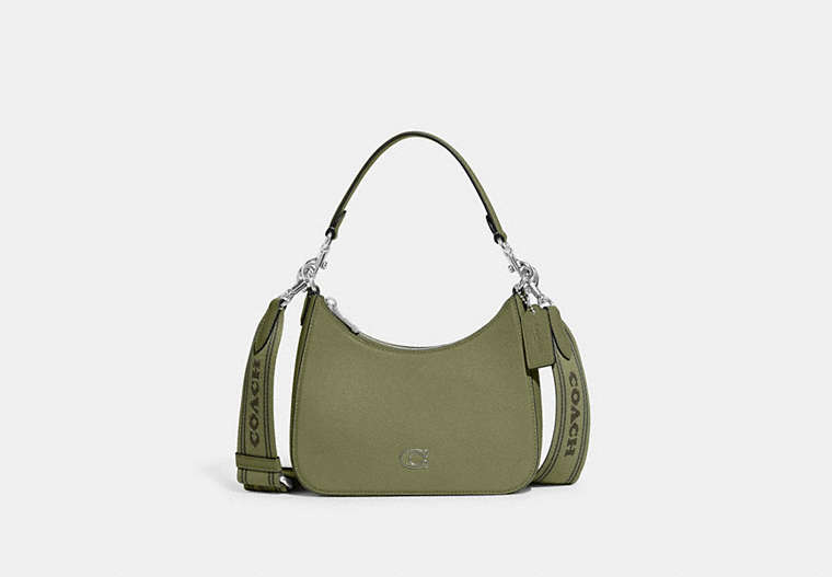 COACH®,HOBO CROSSBODY WITH SIGNATURE CANVAS,Crossgrain Leather,Medium,Moss,Front View