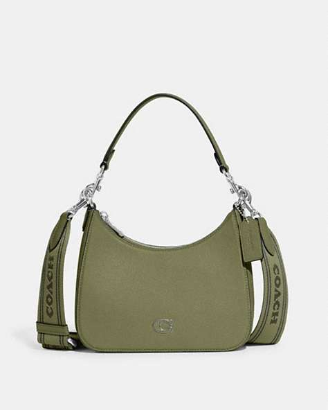 COACH®,HOBO CROSSBODY WITH SIGNATURE CANVAS,Crossgrain Leather,Moss,Front View
