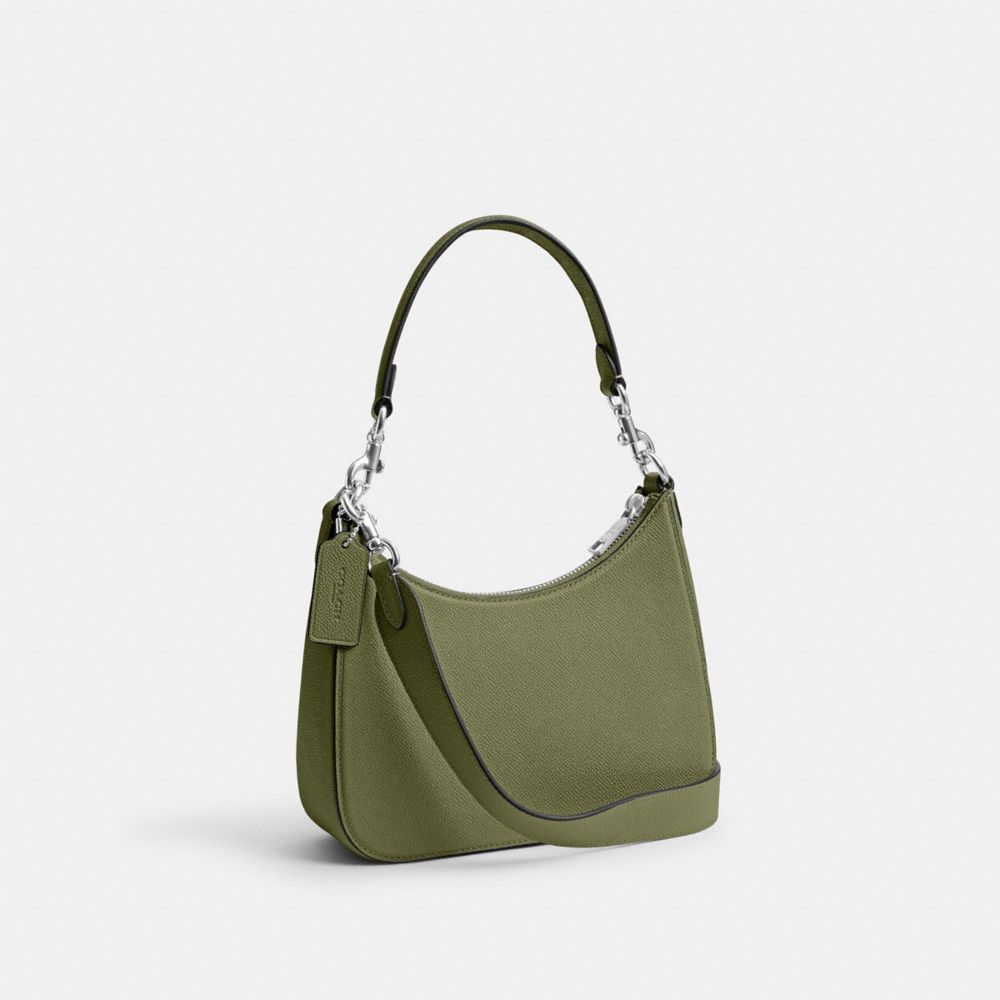 COACH®,HOBO CROSSBODY BAG WITH SIGNATURE CANVAS,Crossgrain Leather,Medium,Moss,Angle View