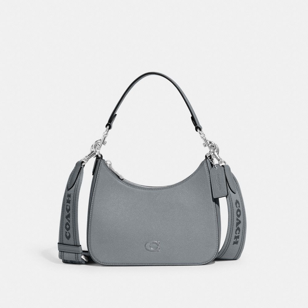 COACH®,HOBO CROSSBODY BAG WITH SIGNATURE CANVAS,Crossgrain Leather,Medium,Grey Blue,Front View image number 0