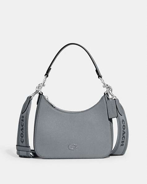 COACH®,HOBO CROSSBODY WITH SIGNATURE CANVAS,Crossgrain Leather,Grey Blue,Front View