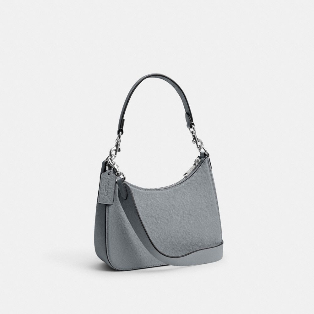COACH®,HOBO CROSSBODY BAG WITH SIGNATURE CANVAS,Crossgrain Leather,Medium,Grey Blue,Angle View