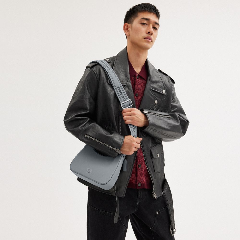 COACH®,Hobo Crossbody Bag,Canvas,Leather,Crossbody,Logo,Metal,Scratch Resistant,Casual,Gray,Detail View