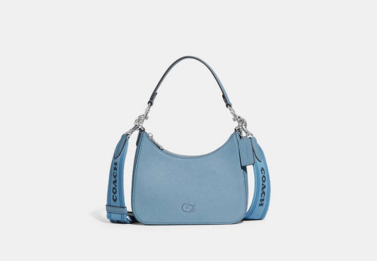 COACH®,HOBO CROSSBODY BAG WITH SIGNATURE CANVAS,Crossgrain Leather,Medium,Pool,Front View