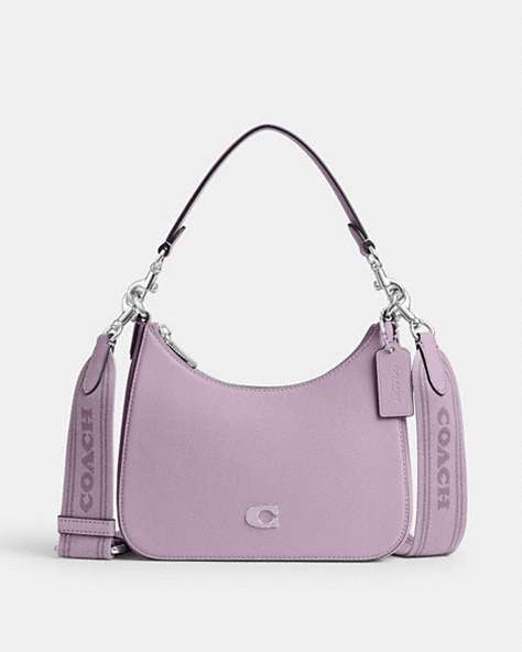 COACH®,HOBO CROSSBODY WITH SIGNATURE CANVAS,Crossgrain Leather,Medium,Soft Purple,Front View