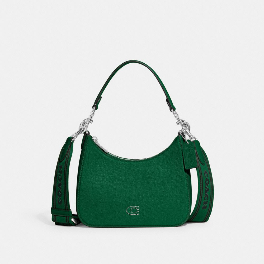 COACH®,HOBO CROSSBODY BAG WITH SIGNATURE CANVAS,Crossgrain Leather,Medium,Green,Front View