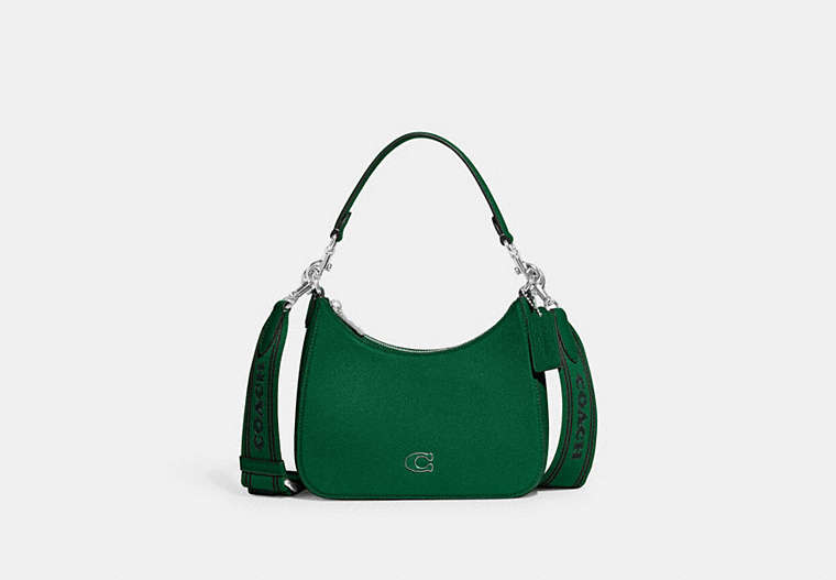 COACH®,HOBO CROSSBODY BAG WITH SIGNATURE CANVAS,Crossgrain Leather,Medium,Green,Front View