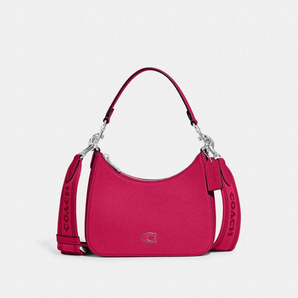 COACH®,HOBO CROSSBODY BAG WITH SIGNATURE CANVAS,Crossgrain Leather,Medium,Dragon Fruit,Front View