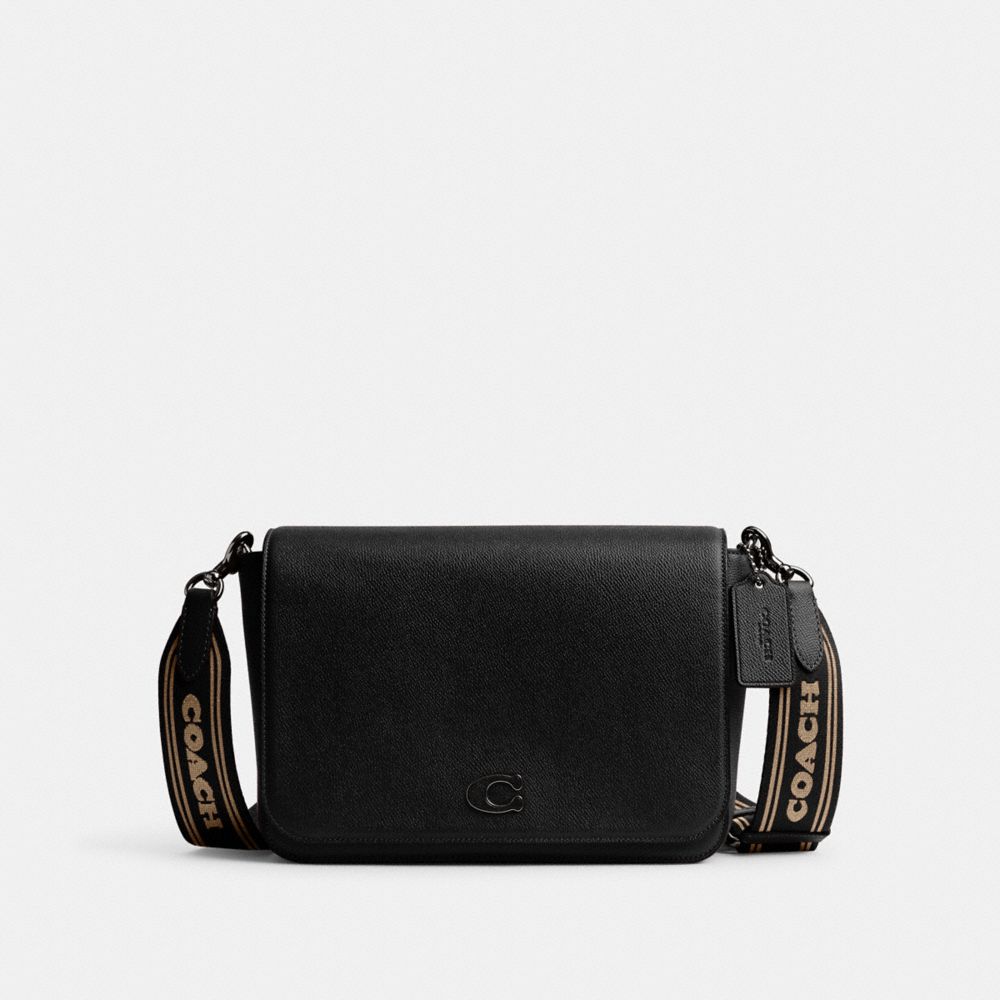 COACH®,MESSENGER BAG WITH SIGNATURE CANVAS INTERIOR,Medium,Black,Front View