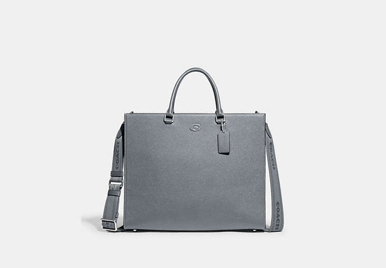 COACH®,TOTE 40 WITH SIGNATURE CANVAS,Crossgrain Leather,X-Large,Grey Blue,Front View