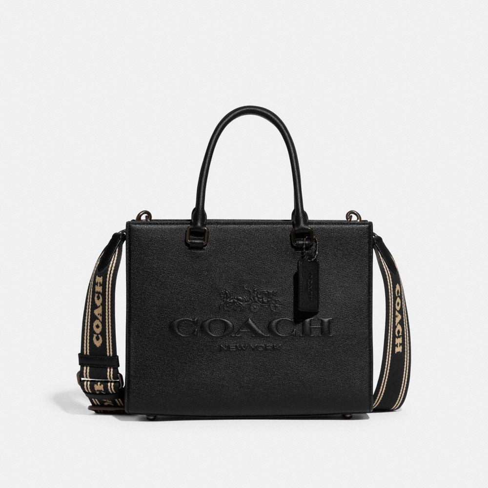 COACH®,TOTE WITH SIGNATURE CANVAS,Crossgrain Leather,Medium,Black,Front View image number 0