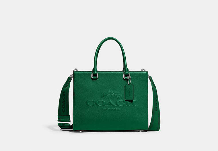 COACH®,TOTE WITH SIGNATURE CANVAS,Crossgrain Leather,Medium,Green,Front View image number 0