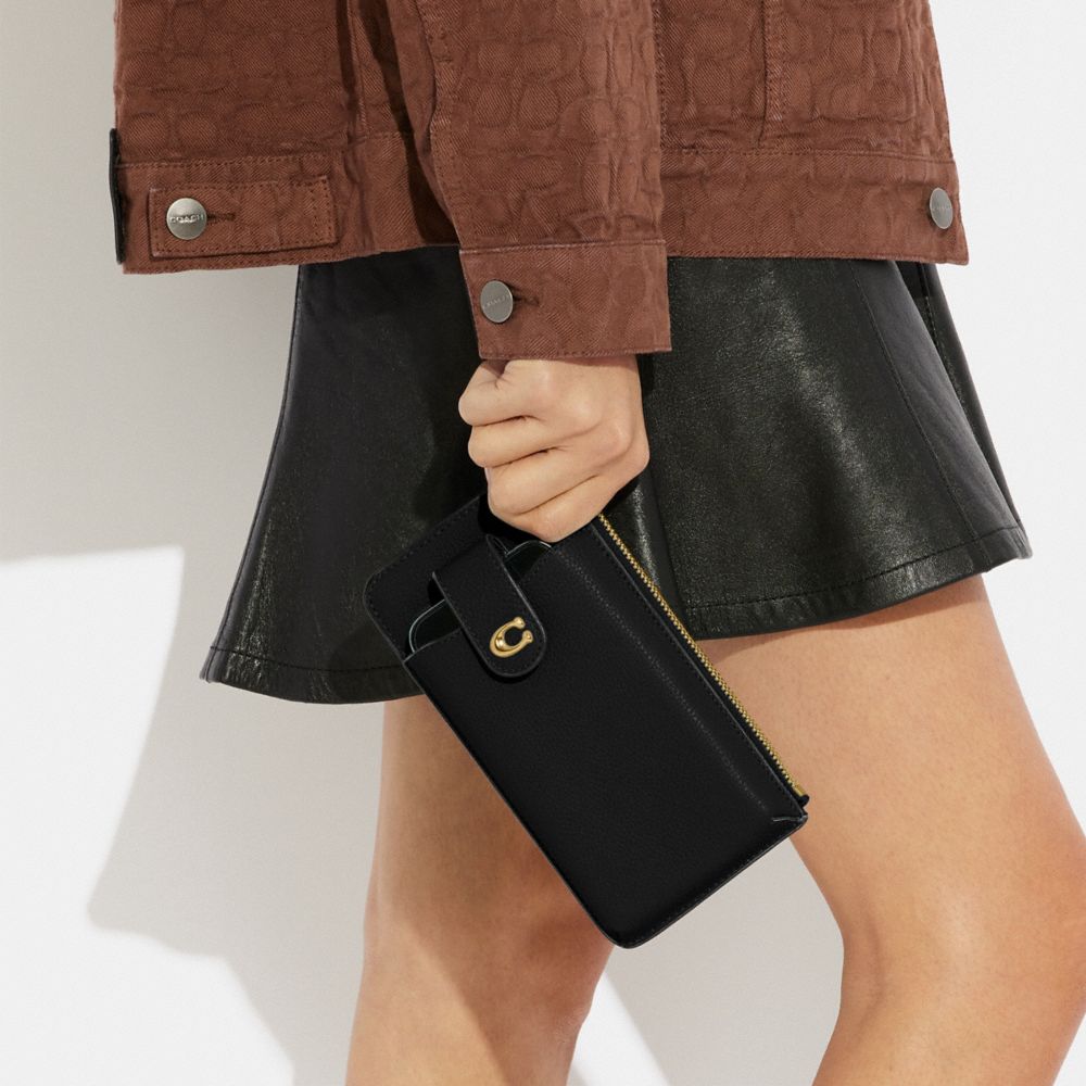 COACH®,Essential Phone Wallet,Leather,Clutch,Metal,Logo,Casual,Black,Detail View