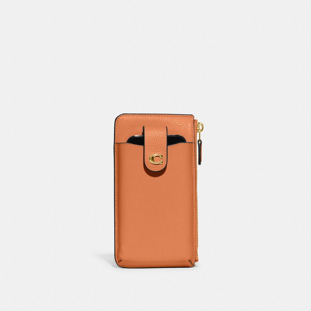 COACH®,PHONE WALLET,Cuir maroquiné poli,Laiton/Orange délavé,Front View