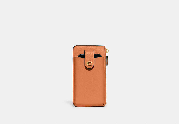 COACH®,ESSENTIAL PHONE WALLET,Polished Pebble Leather,Brass/Faded Orange,Front View