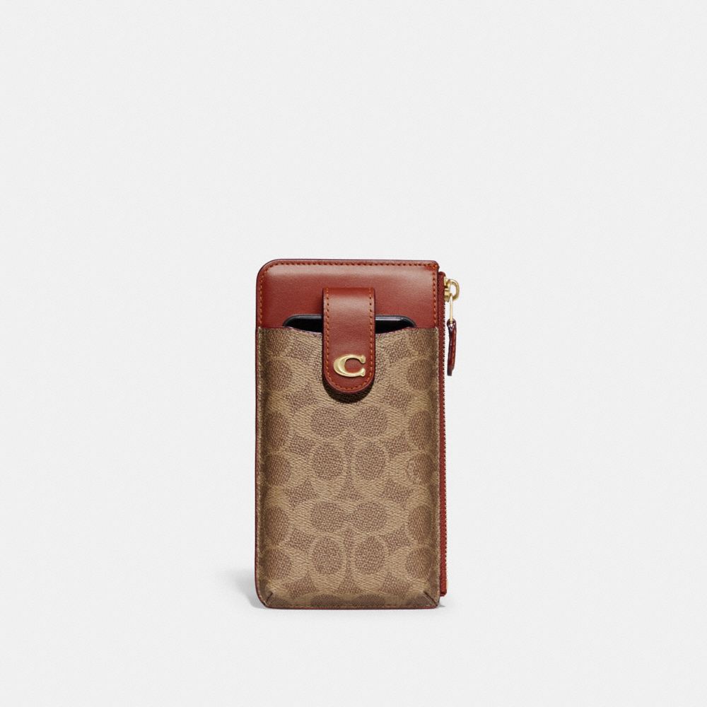 COACH®,ESSENTIAL PHONE WALLET IN SIGNATURE CANVAS,Leather,Brass/Tan/Rust,Front View image number 0