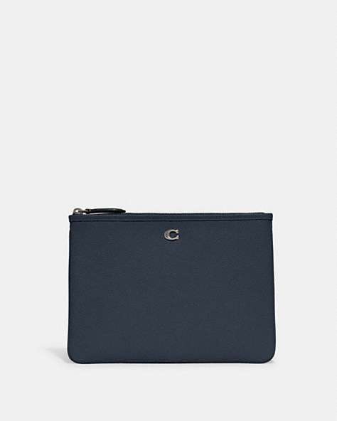 COACH®,ESSENTIAL POUCH 28,Polished Pebble Leather,Silver/Denim,Front View