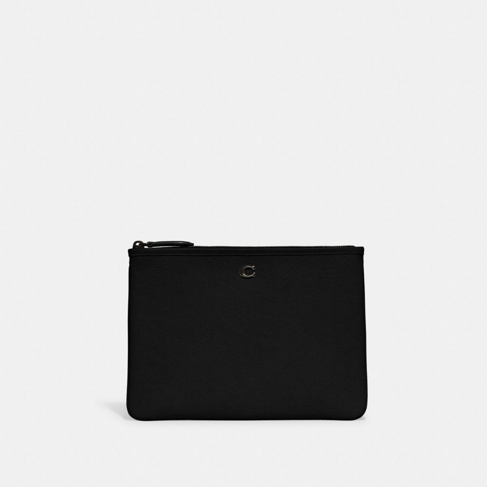 COACH®,POUCH 28,Cuir maroquiné poli,Étain/Noir,Front View