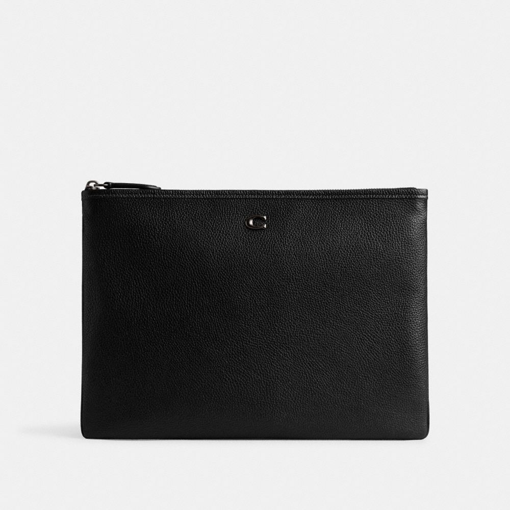 COACH®,POCHETTE ESSENTIAL 33,Cuir maroquiné poli,Étain/Noir,Front View