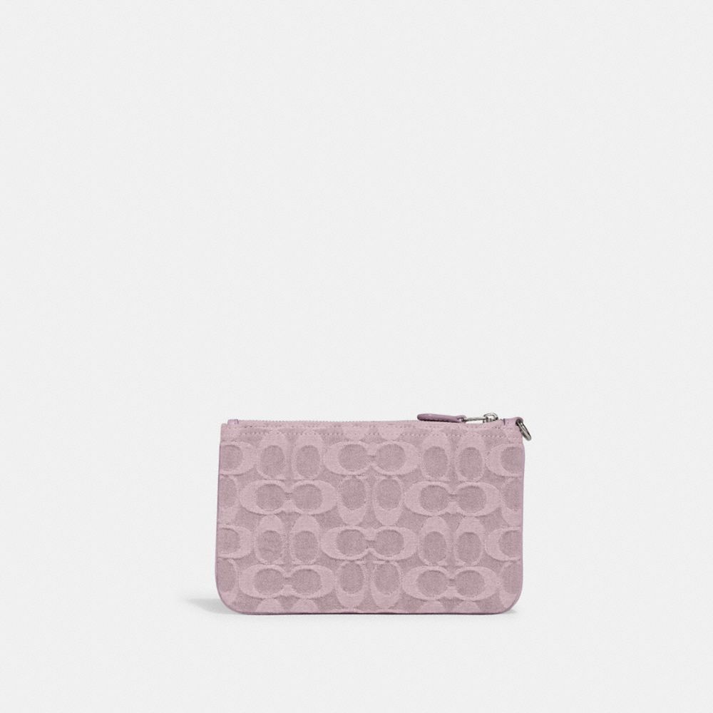 COACH®,SMALL WRISTLET IN SIGNATURE DENIM,Denim,Silver/Pale Purple,Back View