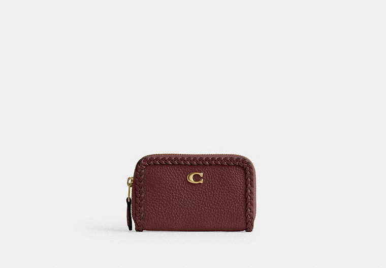 COACH®,SMALL ZIP AROUND CARD CASE WITH BRAID,Brass/Wine,Front View image number 0