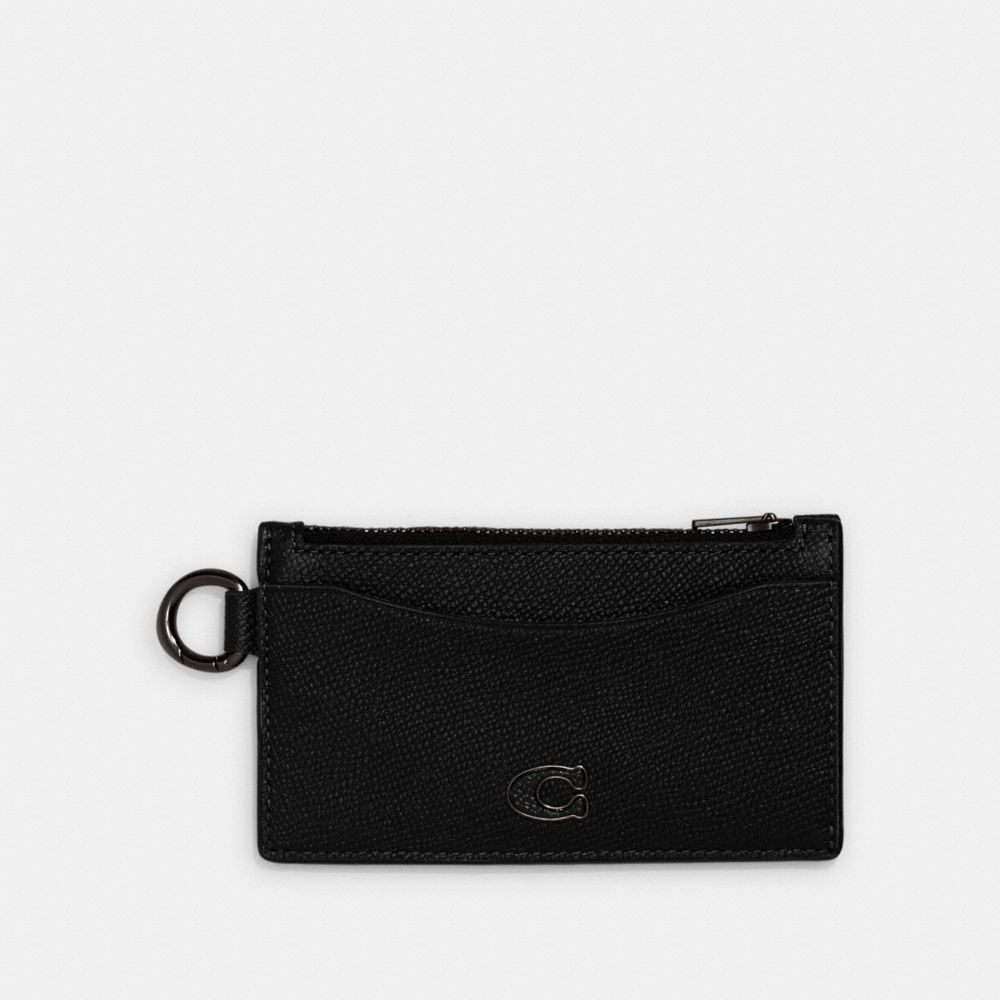 COACH®,PORTE-CARTES À FERMETURE ÉCLAIR,Cuir Cross-grain,Noir,Front View